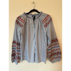 Coco Colette Embroidered Peasant Blouse Light Blue Tassel Tie Boho Top Medium
